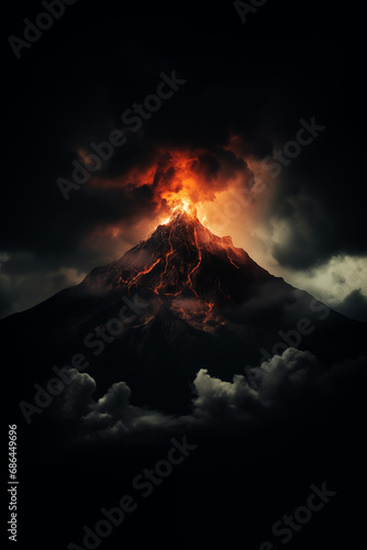 A powerful illustration capturing the eruption of a volcano against a dramatic dark backdrop