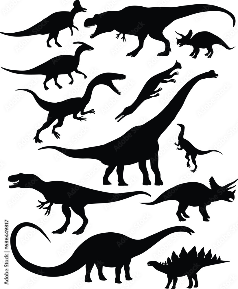 Silhouette of Dinosaurs. Silhouette of brontosaurus, triceratops, stegosaurus and others reptile