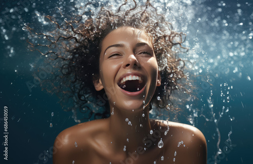 water splashes over smiling woman in water