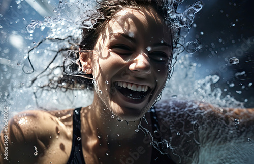 water splashes over smiling woman in water