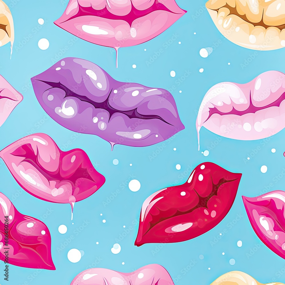 Seamless pattern of multicolored female lips on a blue background.