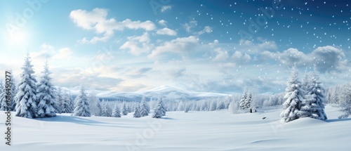 Winter landscape with snow-covered trees and mountains. Tranquil nature scenery. © Postproduction