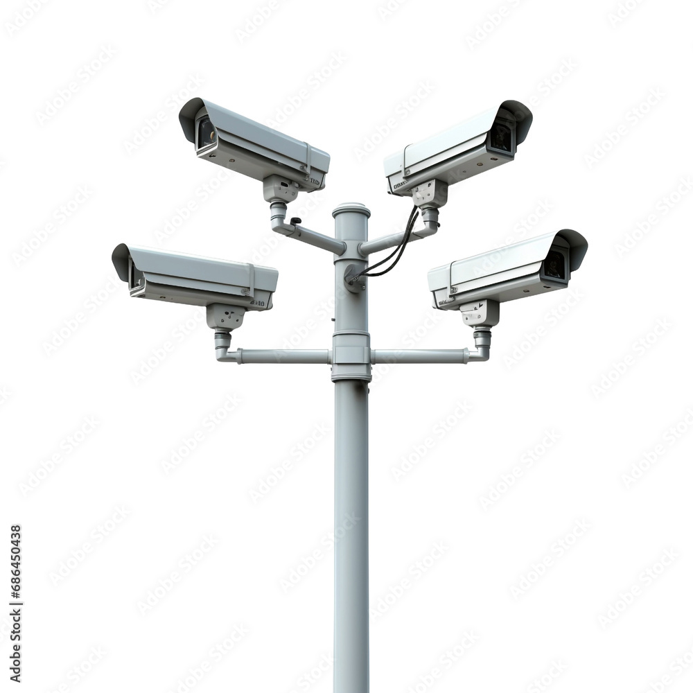 Cctv cameras on isolated poles in a tech setting isolated on transparent background