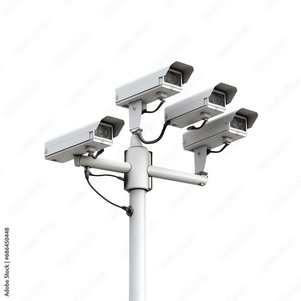 Cctv cameras on isolated poles in a tech setting isolated on transparent background