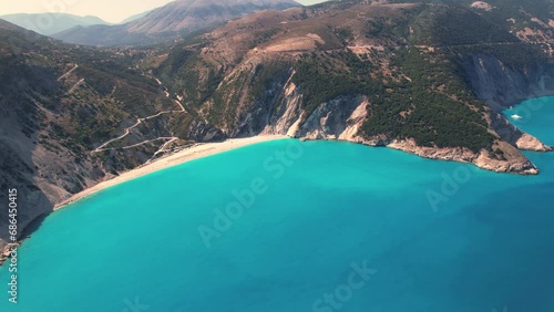 Flying over Myrtos beach, Kefalonia, during the summer, Greek Ionian Islands.