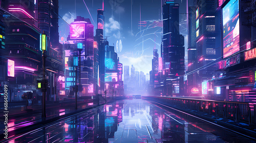 A futuristic cityscape with heavy rain photo