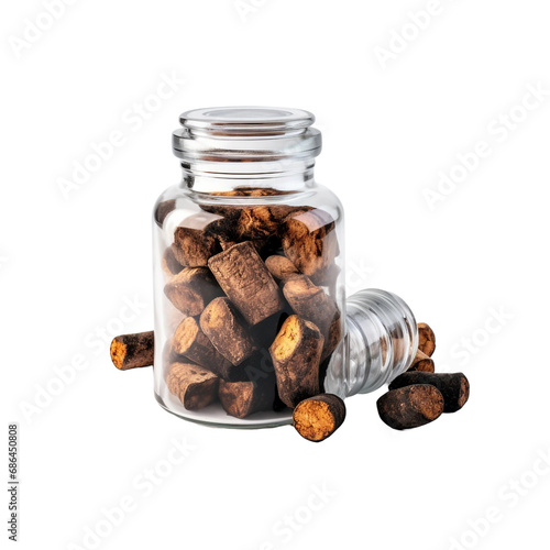 Chaga mushroom mixed with homeopathic pills in a jar representing alternative medicine isolated on transparent background