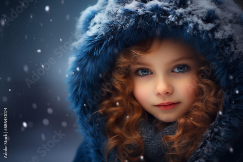 Smiling little girl in frosty snowy winter park. Sunny day with flying snowflakes. Joyful cute child having fun. Happy teenage girl in the snow