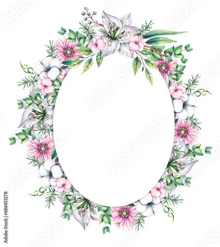 Watercolor wreath with flowers of lilies, gerbera, eucalyptus