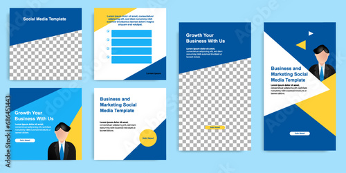 Social media carousel post and stories fat design banner layout in blue, yellow background. For tips podcast, motivation, self-development, microblog, sharing knowledge template