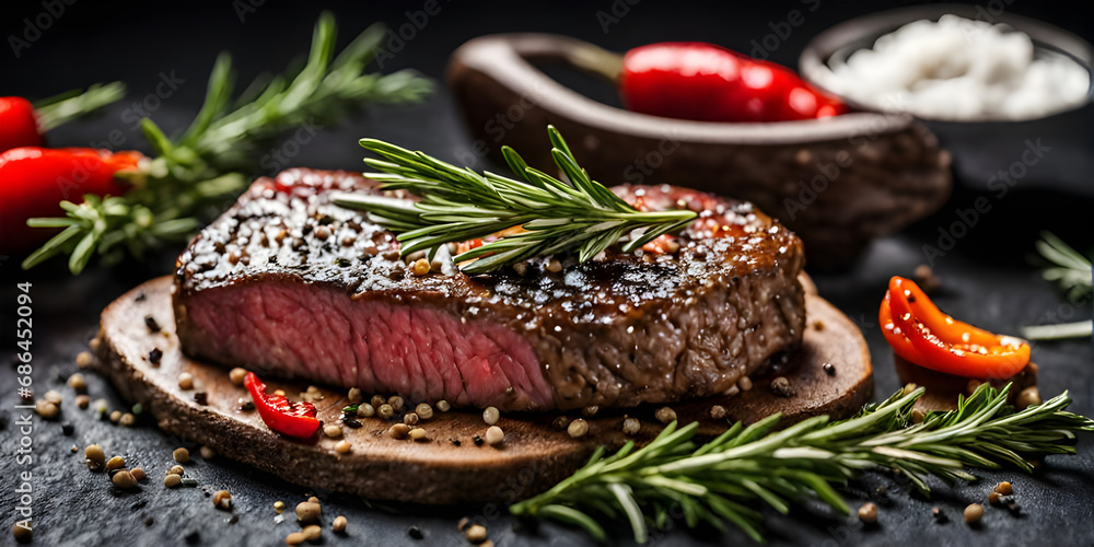 Grilled beef steak with rosemary and pepper on stone plate on black background. Grilled beef steak with rosemary and pepper on stone plate on black background.