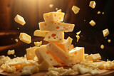Appetizing pieces of cheese, levitation, splashes of melted cheese, dark background, cheesy atmosphere. Generative AI.