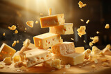Appetizing pieces of cheese, levitation, splashes of melted cheese, dark background, cheesy atmosphere. Generative AI.