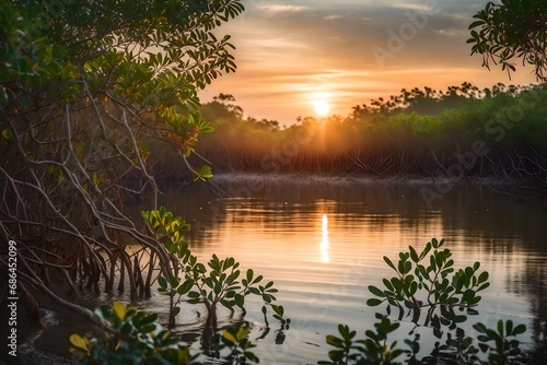 A Young mangrove forest along the coast, rain, and sunset