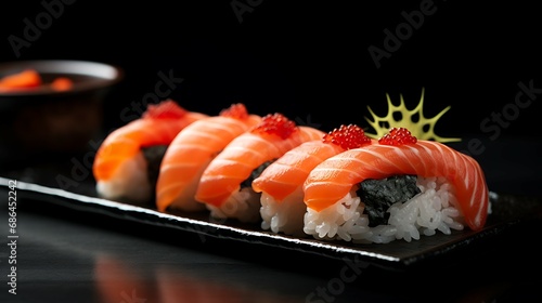 Japanese food Sushi product photo on the sushi plate, professional photo studio, professional lighhting, high detai, isolated black background