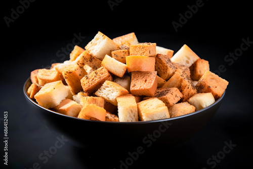 Croutons in a black bowl isolated on a black background. Closeup shot of Croutons on a black background.