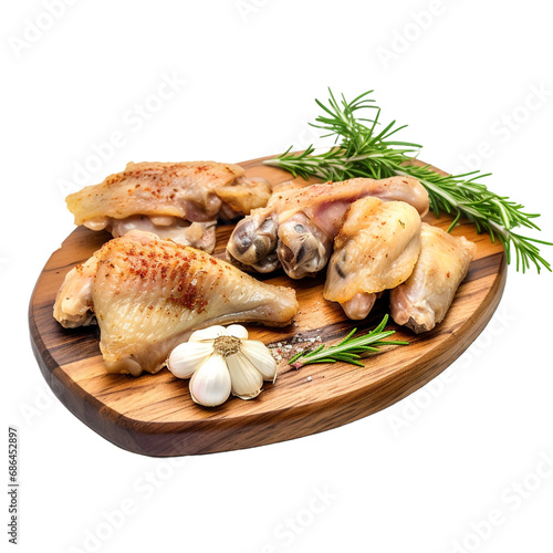 Chicken wings herbs garlic and cleaver on wooden board isolated on transparent background