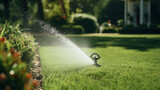 Watering garden with hose at heat summer. Close up. Automatic smart irrigation system.