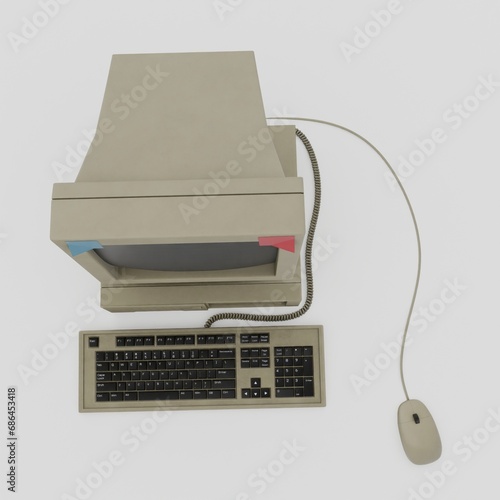 old computer 3d rendering isolated on white background from top view.