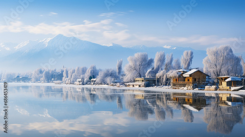 a beautiful view of dal lake in winter srinagar Kashmir, India with reflection photo