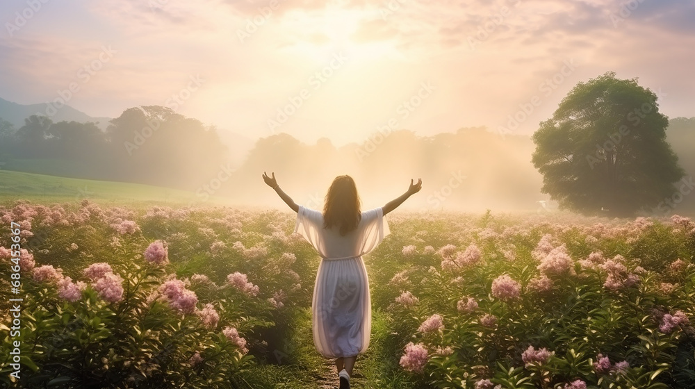 adult asia traveller woman open arm relax in to blossom ark field in misty morning with sunlight - obrazy, fototapety, plakaty 