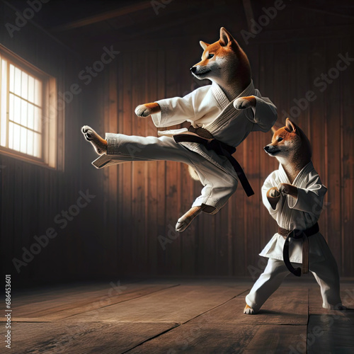 shiba inu dogs doing flying kung fu kicks as part of the way of the dog