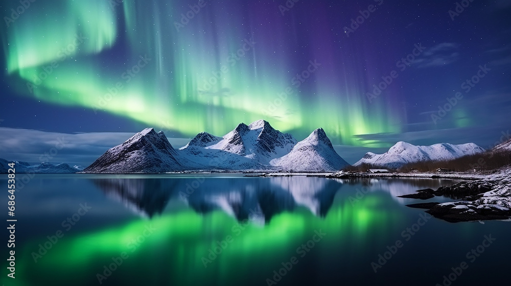aurora borealis on the Lofoten island Norway at night with reflection