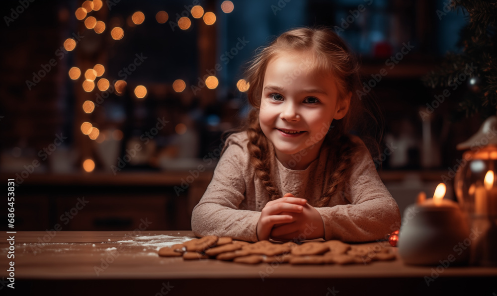 girl with gingerbread and christmas tree bokeh