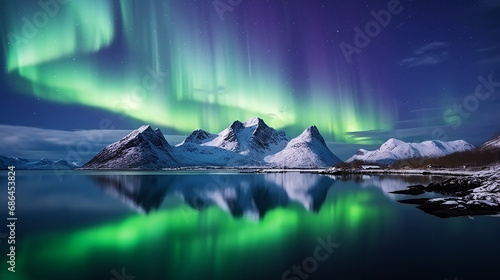 aurora borealis on the Lofoten island Norway at night with reflection © Petruk