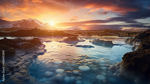 beautiful landscape and sunset near blue lagoon hot spring spa in iceland