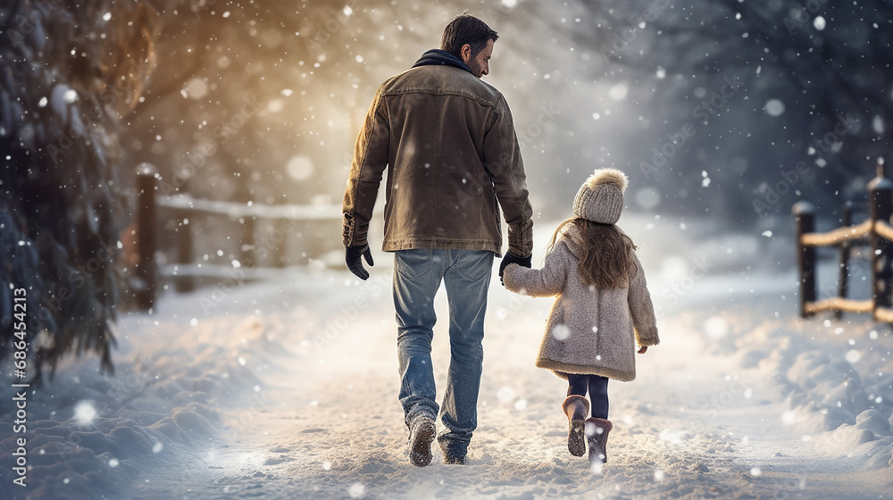 happy family father and child playing on winter walk outdoor happy family father and child playing on winter walk outdoor