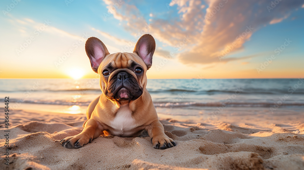 portrait of cute french bulldog on the beach with beautiful sky