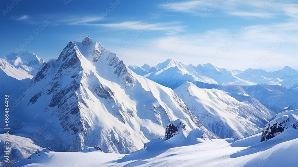 snowy greater caucasus ridge with the Mt. Ushba at winter