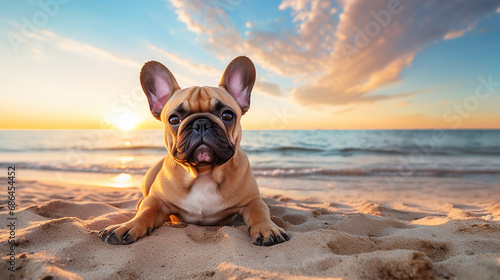 portrait of cute french bulldog on the beach with beautiful sky © Petruk