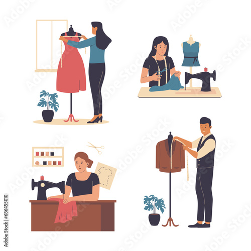 Tailor illustration set collection. Dressmaker sewing, designer tailoring. Vector flat illustration