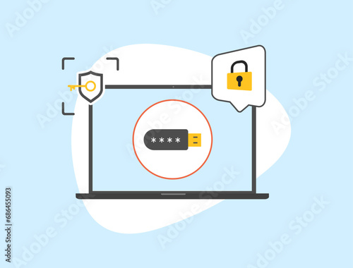 Passwordless Authentication With FIDO - Fast Identity Online with Private External USB Key Authenticator. Password-Free Security Login with USB Passkey, hardware token. Vector illustration with icons
