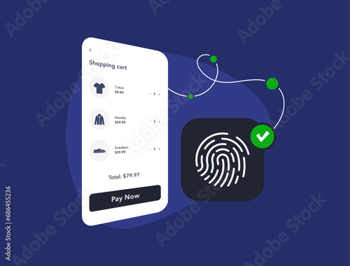 Biometric Payment Authentication in Mobile Checkout Process. Fast and secure payment confirmation with m-commerce biometric checkout fingerprint authentication. Frictionless Payment illustration