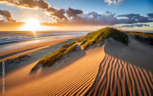 Golden Horizons  Coastal Sand Dunes Awakened by Sunrise