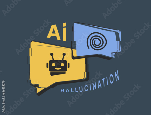 AI Hallucination concept. LLM misinterprets, AI errors. Illustrating Artificial Intelligence and Big Data Hallucination. Vector isolated illustration on dark background with icons