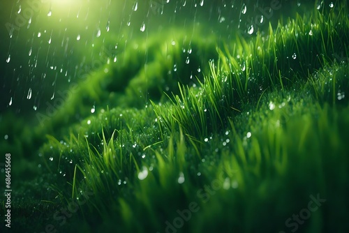 close up view,eath is grass with greenery,above the weather is sunyy , raining mode.