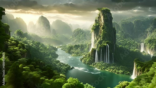 third image breathtaking landscape, with towering cliffs cascading waterfalls leading down valley filled with lush forests meandering rivers. isles seem filled with 2d animation photo