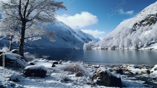 Winter view landscape, photograph, AI image generative, with lake and mountain covered by snow, beautiful sky.