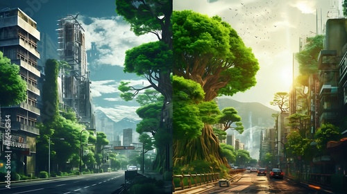 Split view of Tree nature on the village, green calm, cool vibes vs tree tech on the city, farious vibes, future design, AI image generative