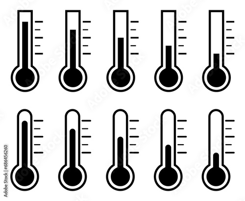 collection of thermometer icons symbols for measuring body temperature. vector isolated on white background, modern and simple flat design.