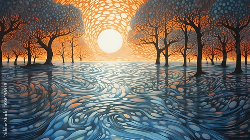 Sunset Emotional painting water ripples': oil on canvas, in an emotional watercolor style, surreal texture AI Image Gnerative