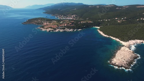 Flying over Paralia Emplisi beach, Kefalonia, during summer, Greek Ionian Islands.