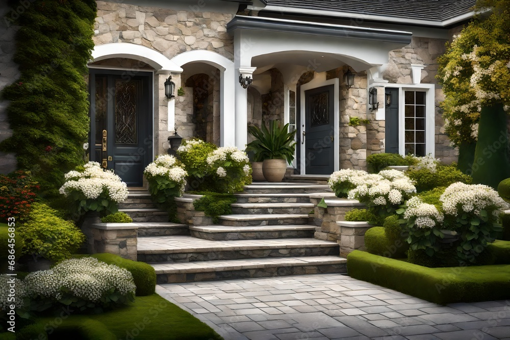 close up view,Facade of hom,e with paved walkway, leading to the portico, white front door. Front yard with lush foliage, and flowers, stone wall, sidelight,outstair near the home with luxury. - obrazy, fototapety, plakaty 