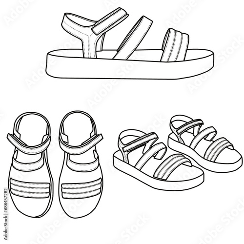 Hand-drawn slingback sandals shoes and footwear line,  front, side, and top view isolated on a white background photo