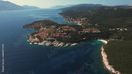 Flying over Paralia Emplisi beach, Kefalonia, during summer, Greek Ionian Islands.