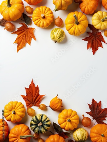 Background with autumn maple leaves and ripe yellow pumpkins. Generated by AI.